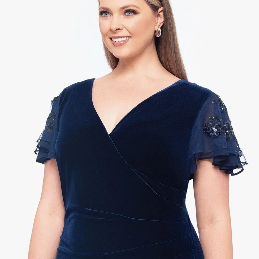 NWT Betsy & Adam PLUS "CAROLINA" LONG VELVET V-NECK SEQUIN SLEEVE DRESS Navy - Picture 3 of 13
